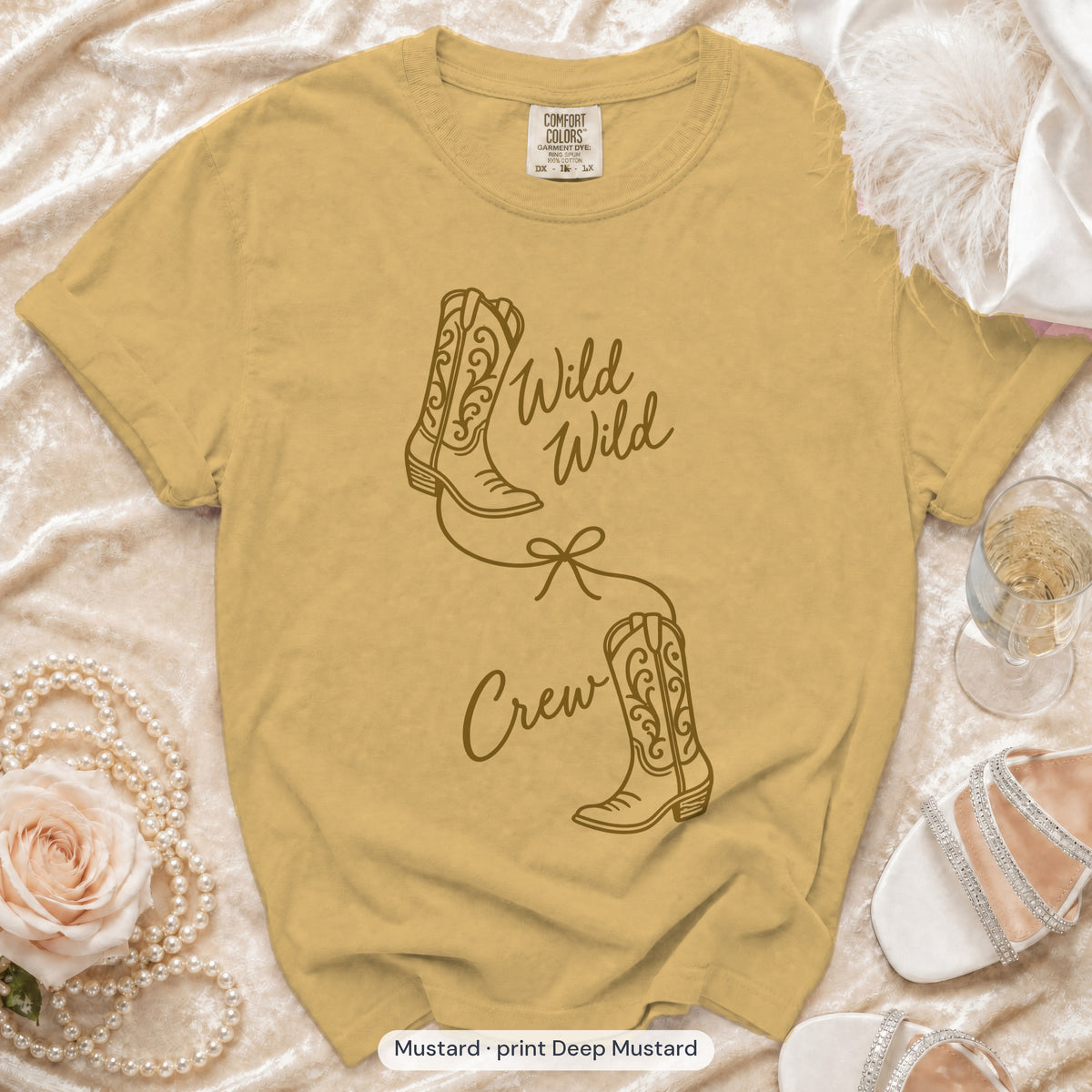 Mustard Wild Wild Wife & Wild Wild Crew bachelorette crew t-shirt, print in deep mustard