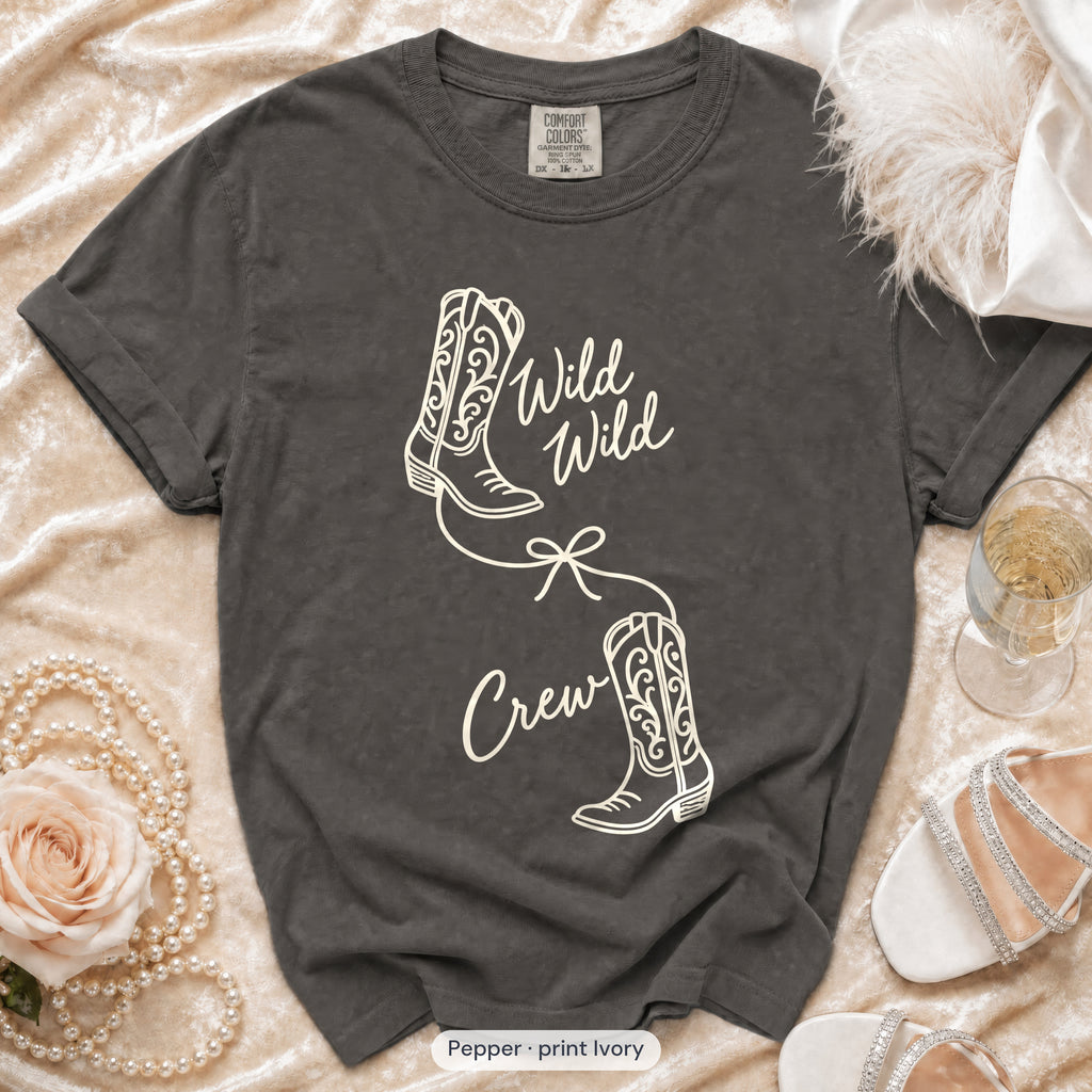 Pepper Wild Wild Wife & Wild Wild Crew bachelorette crew t-shirt, print in ivory