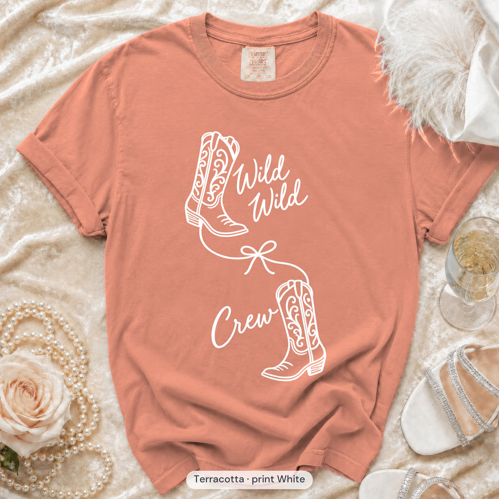 Terracotta Wild Wild Wife & Wild Wild Crew bachelorette crew t-shirt, print in white