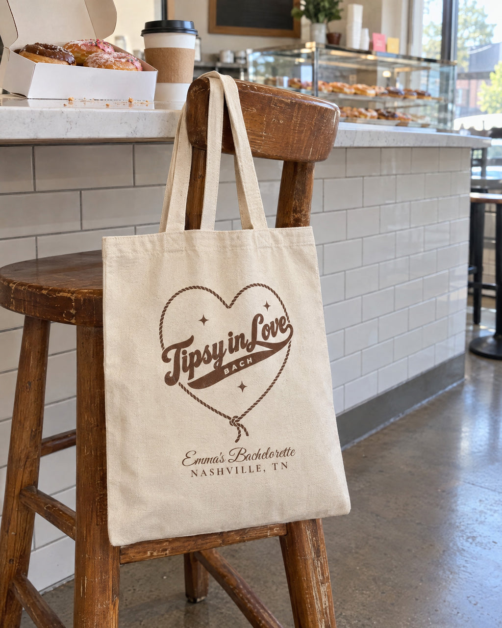Tipsy In Love canvas tote bag on a bachelorette trip with the crew