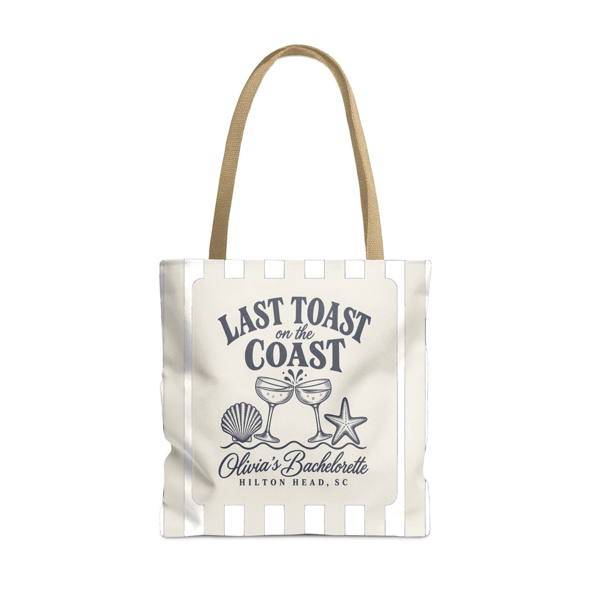 Last Toast On The Coast striped tote in Bride, ivory stripes with navy print