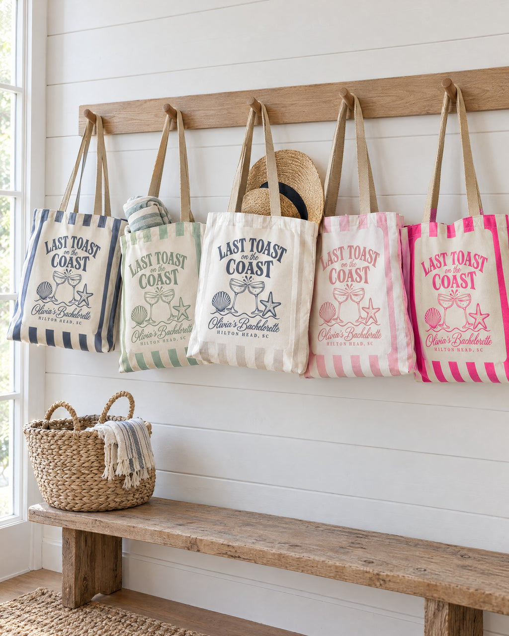 Last Toast On The Coast striped totes in mixed colours with the white Bride tote