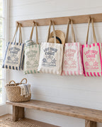 Last Toast On The Coast striped totes in mixed colours with the white Bride tote