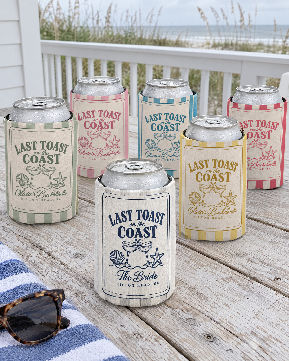 Last Toast On The Coast can coolers in mixed stripe colours with the white Bride cooler in front