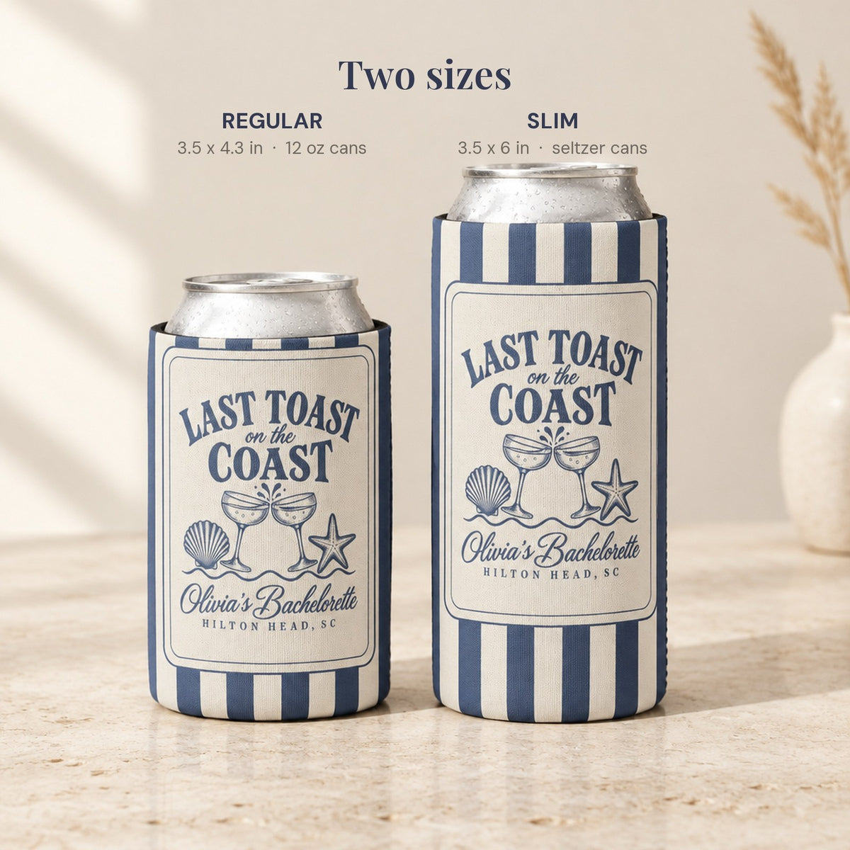 Regular and Slim can coolers side by side on stone