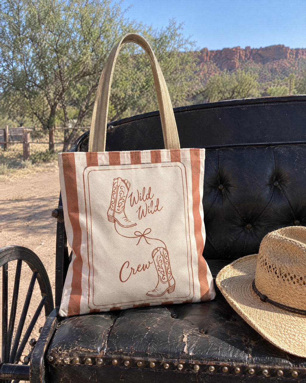 Wild Wild Wife striped tote bag on a bachelorette trip with the crew